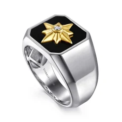 Discount Gabriel & Co. Signet Wide Band Startburst Center 925 Sterling Silver and 14K Yellow Gold Diamond and Onyx 0.03ct