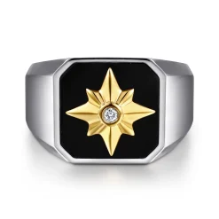Discount Gabriel & Co. Signet Wide Band Startburst Center 925 Sterling Silver and 14K Yellow Gold Diamond and Onyx 0.03ct