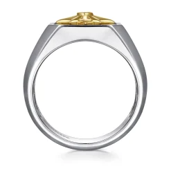 Discount Gabriel & Co. Signet Wide Band Startburst Center 925 Sterling Silver and 14K Yellow Gold Diamond and Onyx 0.03ct