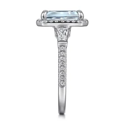Sale Gabriel & Co. Skylah - 14K White Gold Emerald Cut Three Stone Halo Aquamarine and Diamond Engagement Ring