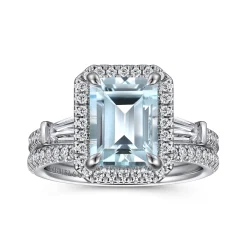 Sale Gabriel & Co. Skylah - 14K White Gold Emerald Cut Three Stone Halo Aquamarine and Diamond Engagement Ring