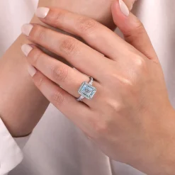 Sale Gabriel & Co. Skylah - 14K White Gold Emerald Cut Three Stone Halo Aquamarine and Diamond Engagement Ring