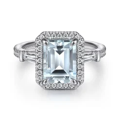 Sale Gabriel & Co. Skylah - 14K White Gold Emerald Cut Three Stone Halo Aquamarine and Diamond Engagement Ring