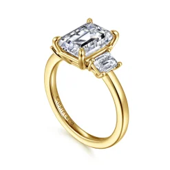 Best Gabriel & Co. Stephi - 14K Yellow Gold Emerald Cut Three Stone Diamond Engagement Ring