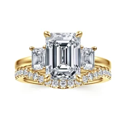 Best Gabriel & Co. Stephi - 14K Yellow Gold Emerald Cut Three Stone Diamond Engagement Ring
