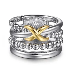 New Gabriel & Co. 925 Sterling Silver and 14K Yellow Gold Bujukan Criss Cross Easy Stackable Ring