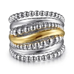Sale Gabriel & Co. 925 Sterling Silver and 14K Yellow Gold Bujukan Multiple Row Wide Band Ring