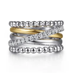 Gabriel & Co. 925 Sterling Silver and 14K Yellow Gold White Sapphire Wide Band Ring-Bujukan