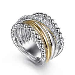 Gabriel & Co. 925 Sterling Silver and 14K Yellow Gold White Sapphire Wide Band Ring-Bujukan