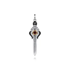 Discount Gabriel & Co. 925 Sterling Silver and 14K Yellow Gold Garnet and White Sapphire Dagger Pendant With Black Enamel