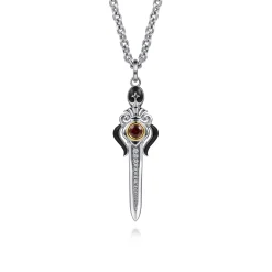 Discount Gabriel & Co. 925 Sterling Silver and 14K Yellow Gold Garnet and White Sapphire Dagger Pendant With Black Enamel