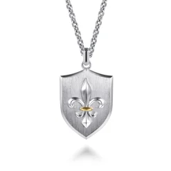 New Gabriel & Co. 925 Sterling Silver and 14K Yellow Gold Fleur De Lis Dog Tag Pendant