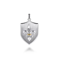 New Gabriel & Co. 925 Sterling Silver and 14K Yellow Gold Fleur De Lis Dog Tag Pendant