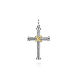 Gabriel & Co. 925 Sterling Silver and 14K Yellow Gold Twisted Rope Cross Pendant with X Center