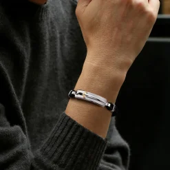 Best Gabriel & Co. 925 Sterling Silver and 14K Yellow Gold Garnet Leather with Dagger ID Bracelet