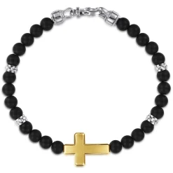 Sale Gabriel & Co. 925 Sterling Silver and 14K Yellow Gold 6mm Titanium Beaded Bracelet with Cross