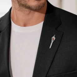 Hot Gabriel & Co. 925 Sterling Silver and 14K Yellow Gold Garnet and White Sapphire Dagger Mens Pin With Black Enamel