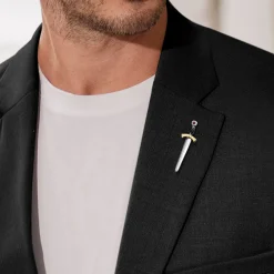 Best Gabriel & Co. 925 Sterling Silver and 14K Yellow Gold Garnet Dagger Mens Pin With Black Enamel