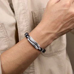 Discount Gabriel & Co. 925 Sterling Silver and Leather Bangle with Black Spinel Wave ID Bangle