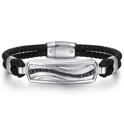 Discount Gabriel & Co. 925 Sterling Silver and Leather Bangle with Black Spinel Wave ID Bangle