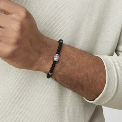 Outlet Gabriel & Co. 925 Sterling Silver and 6mm Black Titanium Bead Men's Bracelet With Skull