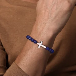 Discount Gabriel & Co. Sterling Silver and 8mm Lapis Beaded Bracelet with Cross