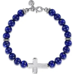 Discount Gabriel & Co. Sterling Silver and 8mm Lapis Beaded Bracelet with Cross