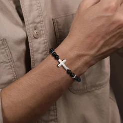 Discount Gabriel & Co. Sterling Silver and 8mm Onyx Beaded Bracelet with Cross