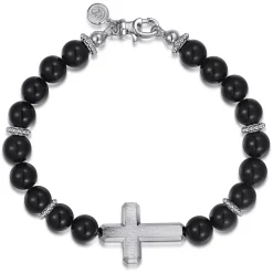 Discount Gabriel & Co. Sterling Silver and 8mm Onyx Beaded Bracelet with Cross