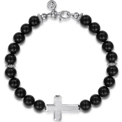 Outlet Gabriel & Co. Sterling Silver and 8mm Onyx Beaded Bracelet with Cross