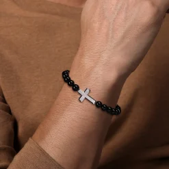 Outlet Gabriel & Co. Sterling Silver and 8mm Onyx Beaded Bracelet with Cross