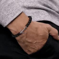 Outlet Gabriel & Co. Sterling Silver and 8mm Onyx Beaded Bracelet with Anchor