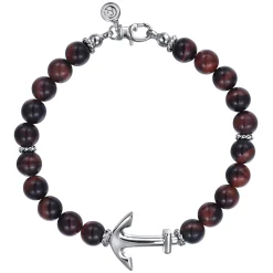 Discount Gabriel & Co. Sterling Silver and 8mm Tiger Eye Beaded Bracelet with Anchor