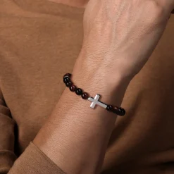 Best Gabriel & Co. Sterling Silver and 8mm Tiger Eye Beaded Bracelet with Cross