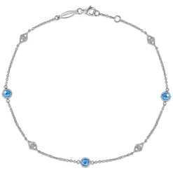 New Gabriel & Co. 925 Sterling Silver Ankle Bracelet with Blue Topaz and White Sapphire Stations