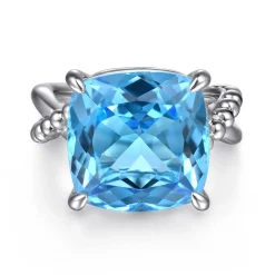 New Gabriel & Co. 925 Sterling Silver Bujukan and Cushion Blue Topaz Twisted Ladies Ring