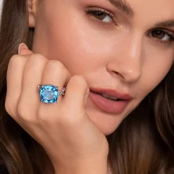 New Gabriel & Co. 925 Sterling Silver Bujukan and Cushion Blue Topaz Twisted Ladies Ring