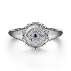New Gabriel & Co. 925 Sterling Silver Bujukan Signet Ring with Diamond and Sapphire Evil Eye