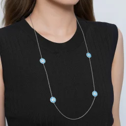 Gabriel & Co. 925 Sterling Silver Bujukan White Sapphire and Blue Sapphire Station Necklace with Blue and Dust Blue and White Enamel