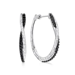 Hot Gabriel & Co. 925 Sterling Silver Hammered Twisted 35mm Black Spinel Hoop Earrings