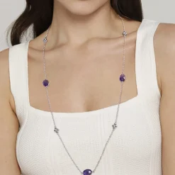 Online Gabriel & Co. 925 Sterling Silver 32 inch Bezel Oval Amethyst and Bujukan Beads Station Necklace