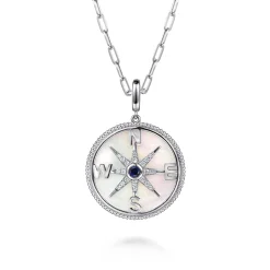 Gabriel & Co. 925 Sterling Silver 28mm Bujukan White Sapphire Compass Mother of Pearl Medallion Pendant With Detachable Bail
