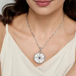 Gabriel & Co. 925 Sterling Silver 28mm Bujukan White Sapphire Compass Mother of Pearl Medallion Pendant With Detachable Bail