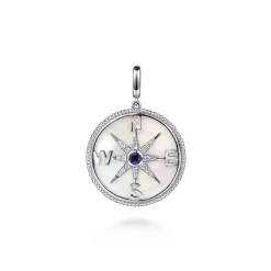 Gabriel & Co. 925 Sterling Silver 28mm Bujukan White Sapphire Compass Mother of Pearl Medallion Pendant With Detachable Bail