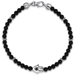 Gabriel & Co. 925 Sterling Silver 4mm Matte Onyx and Black Spinel Beaded Bracelet with Hamsa
