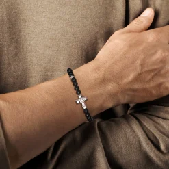 Online Gabriel & Co. 925 Sterling Silver 6mm Matte Onyx Beaded Bracelet with Square Cross
