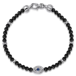 Gabriel & Co. 925 Sterling Silver 4mm Onyx and Sapphire Beaded Bracelet with Evil eye