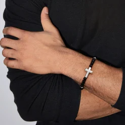 Clearance Gabriel & Co. 925 Sterling Silver 6mm Titanium Beaded Bracelet with Cross