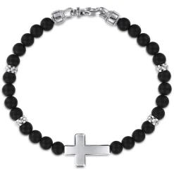 Clearance Gabriel & Co. 925 Sterling Silver 6mm Titanium Beaded Bracelet with Cross