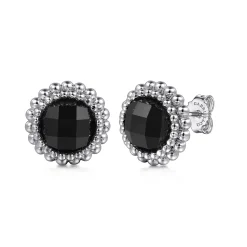 Sale Gabriel & Co. 925 Sterling Silver Onyx Bujukan Round Shape Stud Earrings With Pattern
